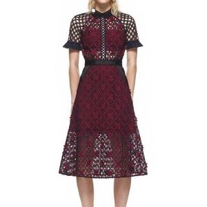 Self-Portrait Floral Grid Midi Dress Lace Collared